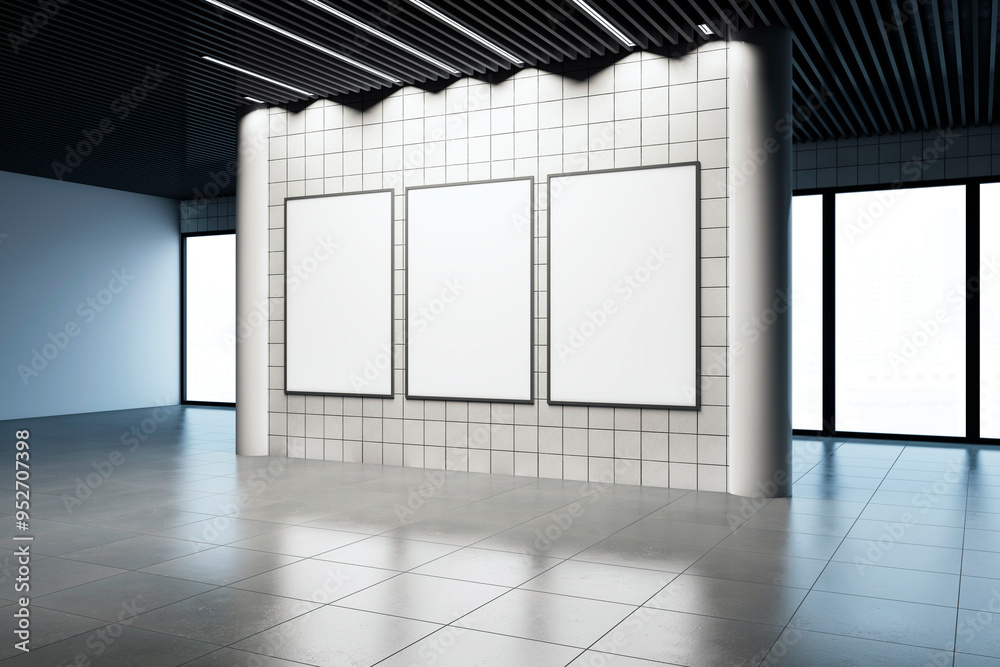 Poster Empty gallery wall with three blank posters in a modern interior. 3D Rendering