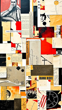 Collage of Text and Images in Red, Yellow, and Black