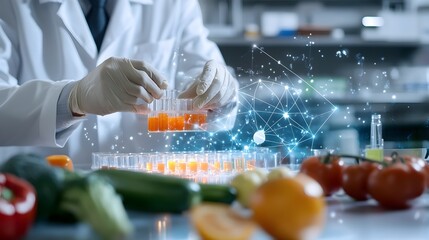 Scientist Conducting a DNA Food Test with Futuristic Digital Visuals and Energy Waves