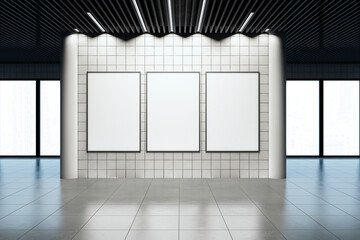 Modern gallery interior with three blank posters on a tiled wall. 3D Rendering
