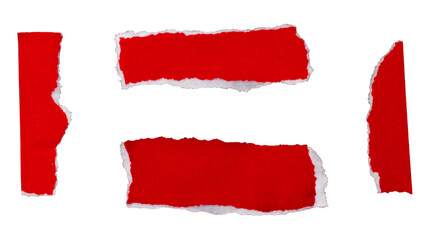 Ripped torn red paper pieces on transparent background, paper cut out design elements