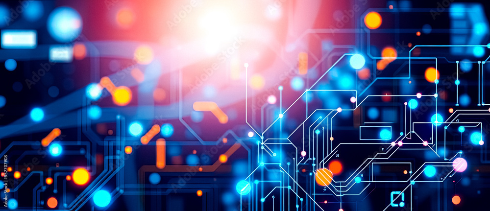 Wall mural abstract technology background with circuit board and glowing lights