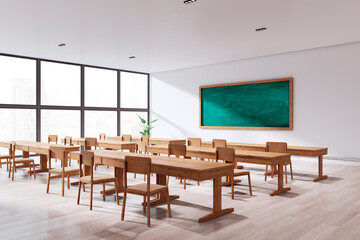 Modern classroom with wooden desks and large windows overlooking cityscape. 3D Rendering