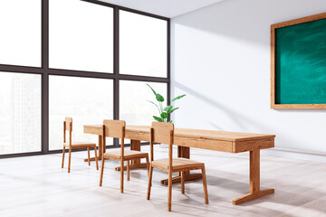 Modern empty classroom with wooden furniture and large windows. 3D Rendering