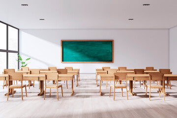 Modern classroom interior with wooden desks and green chalkboard. 3D Rendering