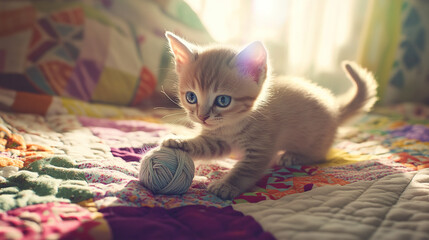 A cute kitten with bright blue eyes plays with a ball of yarn on a colorful quilt in a sunlit room.