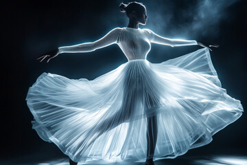 Fototapeta premium A futuristic fashion concept with an elegant model wearing neon lights wrapped around and glowing wires embedded in the dress's bodice