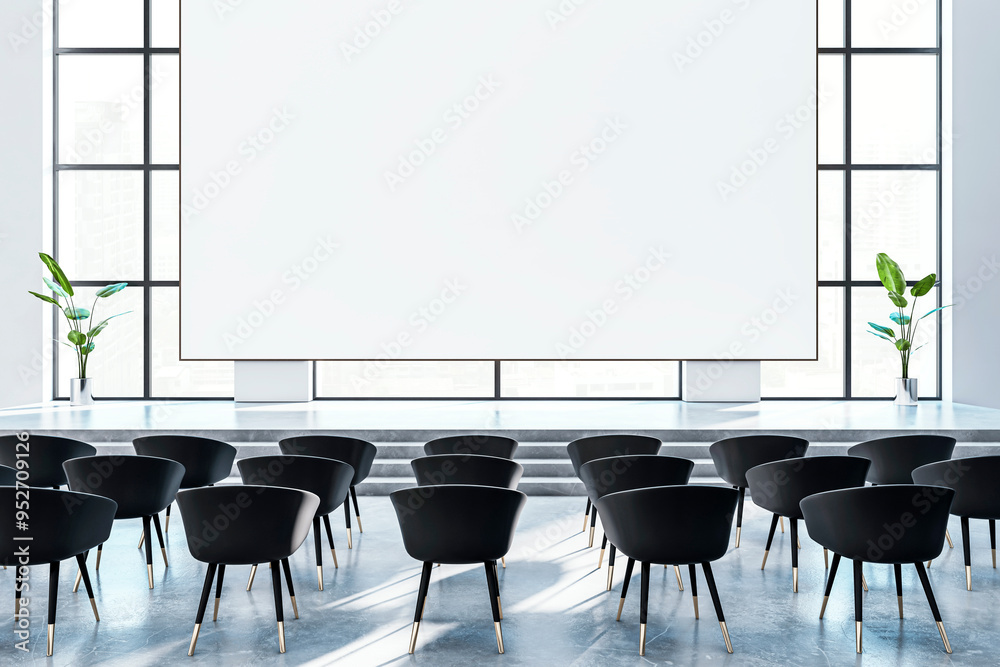 Poster Modern auditorium with black chairs and large display screen. 3D Rendering