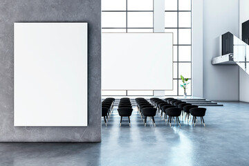 Modern auditorium interior with blank posters and black chairs. 3D Rendering