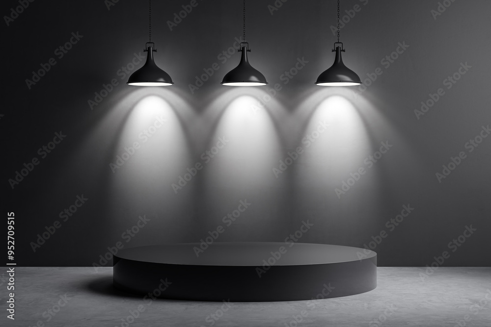 Aufkleber Empty studio with round podium and hanging lamps. 3D Rendering