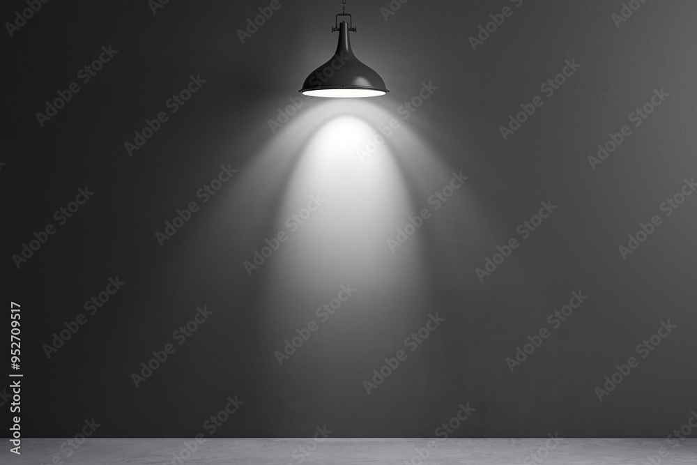 Poster single spotlight on a dark grey wall in an empty room. 3d rendering