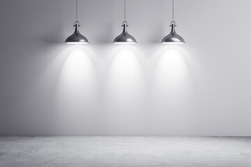 Three hanging metal lamps illuminating a grey loft interior. 3D Rendering