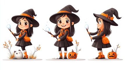 Cheerful witch character in a cute Halloween attire, holding a wand with autumn decorations and a playful cat.
