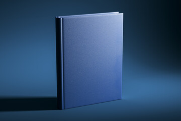 Blue hardcover book mockup standing on a blue background. 3D Rendering