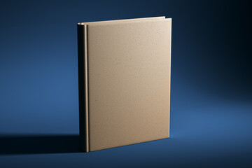 Beige hardcover book mockup standing against a blue background. 3D Rendering
