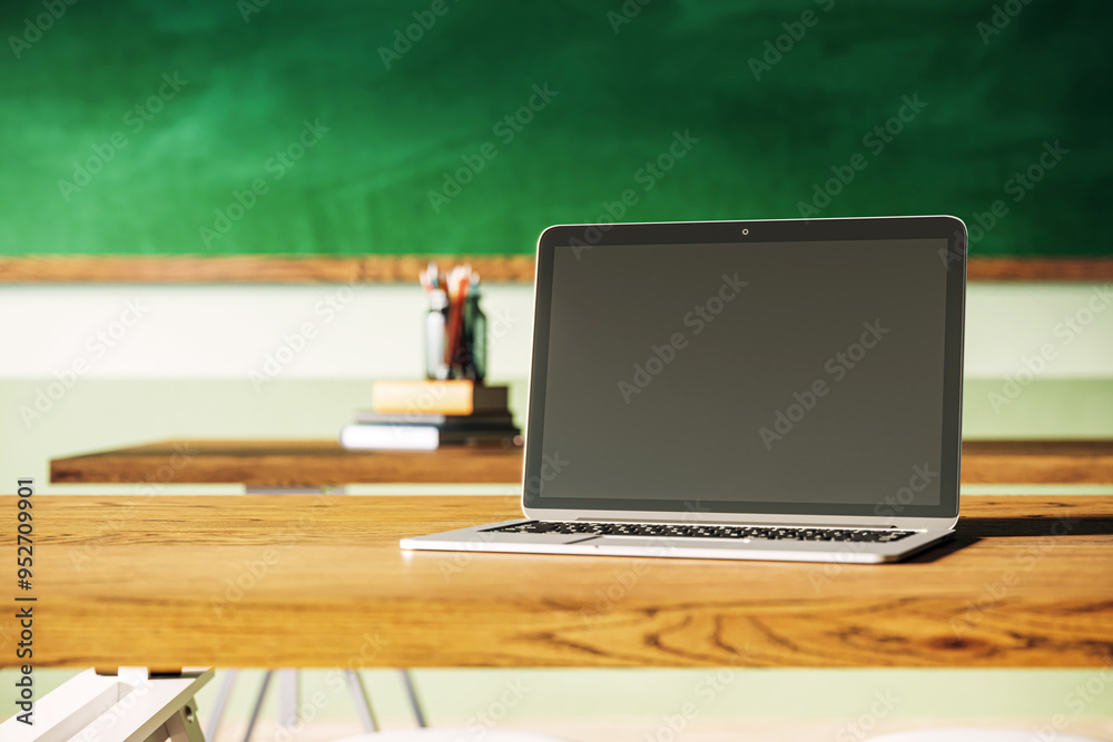 Poster modern classroom interior with wooden desks and a laptop in focus on a green chalkboard background. 