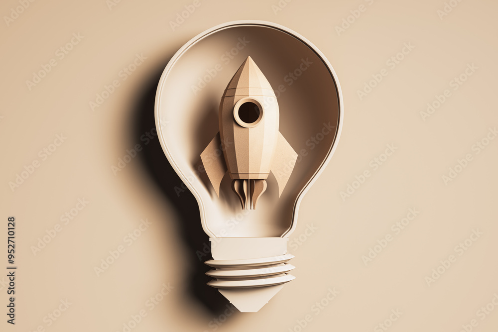 Poster Rocket inside a lightbulb on beige background representing startup concept. 3D Rendering