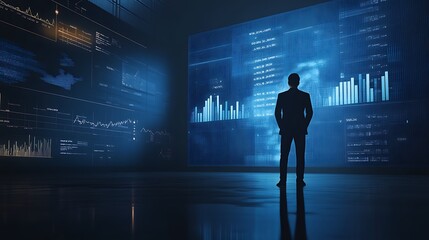 Man Standing Before Blue Digital Screens with Data and Graphs