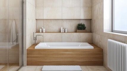A simple bathroom with wooden elements, a deep soaking tub, and natural light enhancing the serene atmosphere, photorealistic, hyperresolution, calming and minimalist bathing space