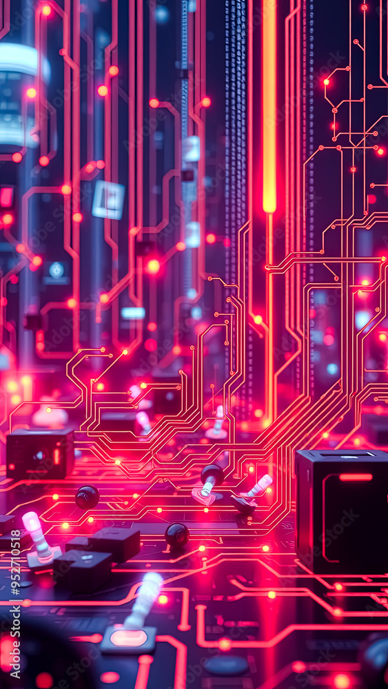 Wall mural abstract technology background with red glowing lines