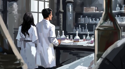 Naklejka premium Two scientists in lab coats observe various glassware, immersed in experimentation in a modern laboratory setting.