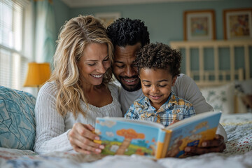 A multiracial family of three, a mother, father, and child, are reading a book together on a bed.