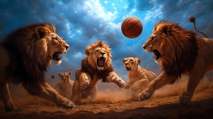 Majestic lions engage in spirited basketball game amid dramatic African savanna landscape in realist oil painting