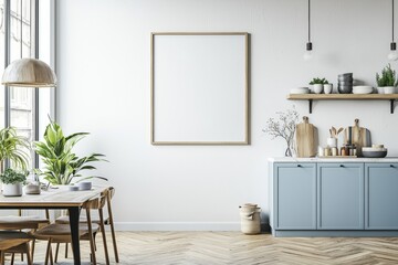 Fototapeta premium Poster Mockup in Kitchen Interior with White Wall created with Generative AI