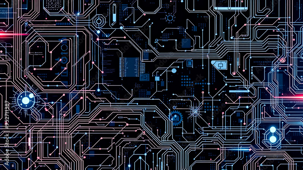 Wall mural abstract circuit board with glowing lines and nodes