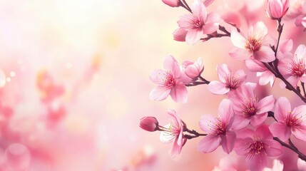Horizontal banner with sakura flowers of pink color on sunny backdrop. Beautiful nature spring background with a branch of blooming sakura. Sakura blossoming season in Japan generative ai