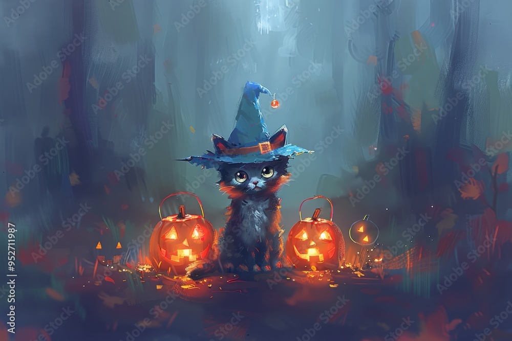 Wall mural A cute black kitten wearing a witch hat sits between two glowing pumpkin lanterns against a dark, smoky background. The scene blends spooky Halloween vibes with a touch of cuteness.