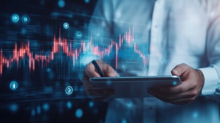 A businessman analyzes market data on a tablet, surrounded by digital graphs and charts, showcasing financial insights.
