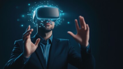 A businessman explores a virtual reality environment, fully immersed and engaged with futuristic digital elements around him.