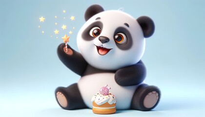 A cute cartoon panda bear sits with a cake and a star wand, surrounded by stars, against a blue background.