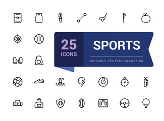 Collection of vector line icons of the sports. Icons of active lifestyle, hobbies, sports equipment. Pixel perfect, minimalistic web and UI icon. Outline icon collections.