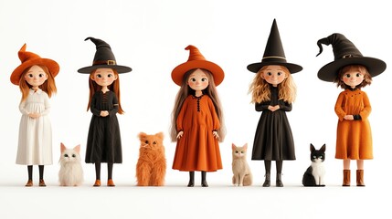A whimsical collection of colorful witch figurines, each dressed uniquely, accompanied by playful cats in a magical setting.