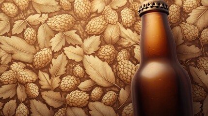 Obraz premium A close-up of a brown beer bottle against a textured background of hops and leaves, perfect for beverage-themed projects.