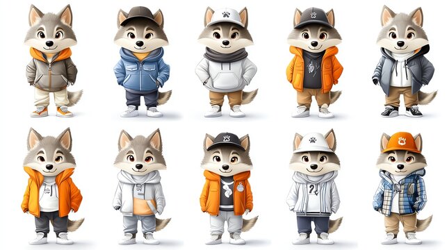 Collection of cartoon wolves showcasing trendy outfits in various styles, perfect for children's designs and playful themes.