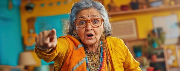Fototapeta premium An elderly woman in a yellow sari points with a surprised expression.