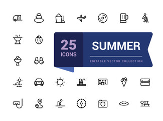 Summer and holidays icons set. Pixel perfect, minimalistic web and UI icon. Outline icon collections. Editable vector illustration.