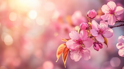 Naklejka premium Horizontal banner with sakura flowers of pink color on sunny backdrop. Beautiful nature spring background with a branch of blooming sakura. Sakura blossoming season in Japan generative ai