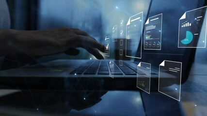 Document management concept, Businesswomen check electronic documents on digital documents on virtual screen Document Management System and process automation to efficiently document paperless operate - Powered by Adobe