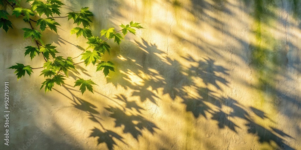 Aufkleber Tree leaves casting a beautiful shadow on a wall with sunlight creating a nature abstract background, tree, leaves, shadow