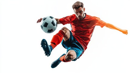 Fototapeta premium Soccer Player in Mid-Air: A dynamic and captivating image of a male soccer player in mid-air, showcasing his athleticism and skill as he controls the ball with precision. The image is perfect for spor