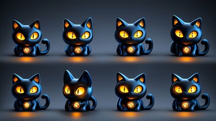 Charming ceramic black cat figurines with glowing eyes, perfect for Halloween or whimsical decor. Add a touch of magic!