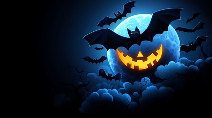 Fototapeta premium A spooky Halloween scene featuring a flying bat, a glowing pumpkin, and a full moon amidst dark clouds and silhouettes of bats.