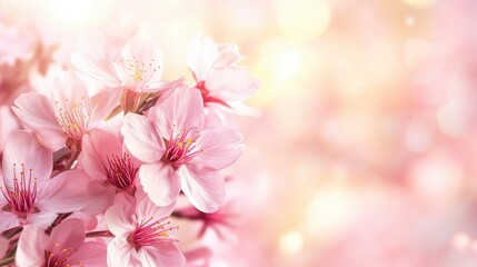 Horizontal banner with sakura flowers of pink color on sunny backdrop. Beautiful nature spring background with a branch of blooming sakura. Sakura blossoming season in Japan generative ai