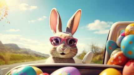 Adorable easter bunny wearing sunglasses peeking out of a car filled with colorful easter eggs, celebrating spring holiday fun and festive cheer.

