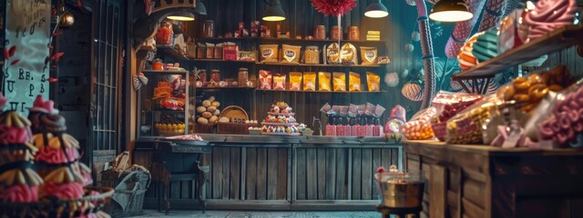 Vintage candy shop interior with colorful sweets and rustic decor