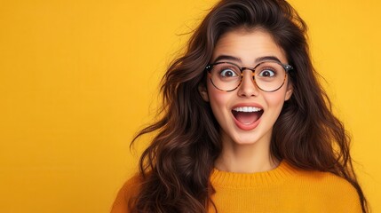 Surprised woman with glasses and long hair against a yellow background.